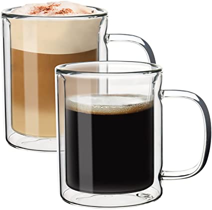 Topsky 2-Pack Double Walled Coffee Glasses Mugs with Handle Cappuccino Latte Macchiato Glasses Cups Borosilicate Heat Resistant Glass Cups for Coffee Tea Milk Juice Ice Cream 250 ml