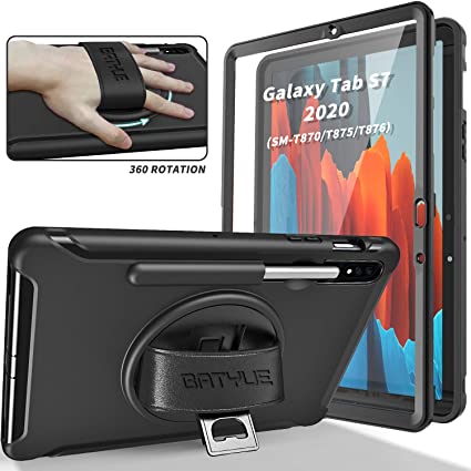 BATYUE Samsung Galaxy Tab S6 Lite 10.4 Case 2020 (SM-P610/SM-P615) with Screen Protector/Pencil Holder, [Full-Body] 3 Layer Hybrid Drop Protection Case w/ 360° Rotating Stand/Hand Strap (Black)