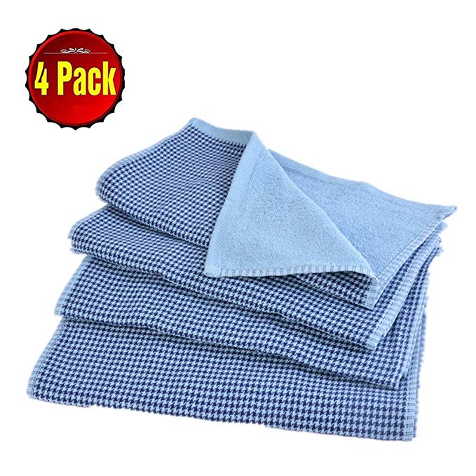 SearchI 500 GSM Plaid Cotton Terry Kitchen Towel Dish Towels Set of 4 Fade-Resistant Soft Absorbent Checked Kitchen Bar Towels Dish Cloths 13 x 30 inch (Blue)
