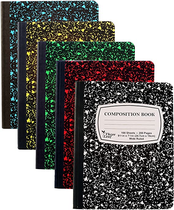 5-Pack Composition Notebook, 9-3/4" x 7-1/2", Wide Ruled, 100 Sheet (200 Pages), Weekly Class Schedule and Multiplication/Conversion Tables - Colors: Black, Red, Green, Yellow, Blue. (5-Pack)