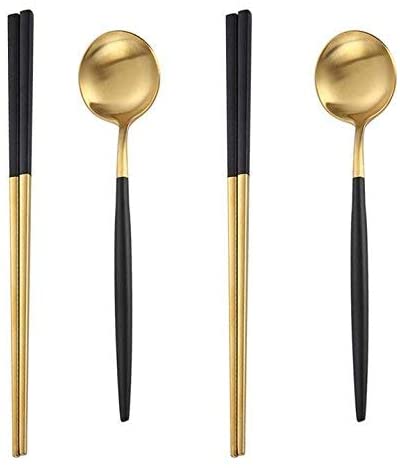 Mengbaobao MBB 2 Pairs of Chopsticks & 2 Spoons Flatware Set Dinnerware Stainless Steel - Black Gold