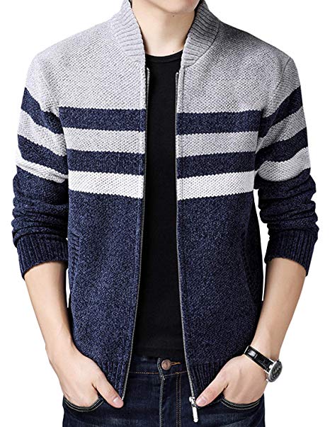 HOW'ON Men's Casual Wide Stripes Zipper Knitted Cardigan Sweater