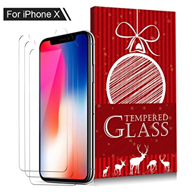 iPhone X Screen Protector , ONSON® [3-Pack] Premium Tempered Glass Screen Protector for Apple iPhone X / iPhone 10 （5.8-inch） 9H Hardness and 3D Touch Compatible, Anti Fingerprint, No Bubbles