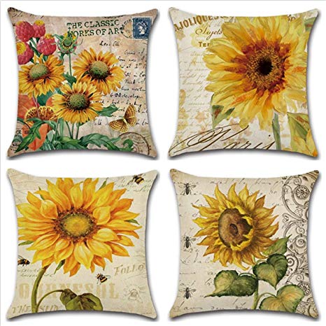 XIECCX Throw Pillow Covers Decorative Set of 4 - Linen Cotton Cover Constellation for Sofa,Bed,Chair,Auto Seat 18 x 18 inch(Sunflower)