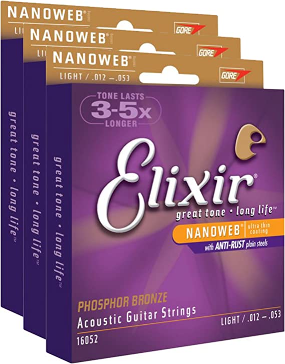 3 Sets of Elixir 16052 Phosphor Bronze Light Acoustic Guitar Strings (12-53w) Nanoweb