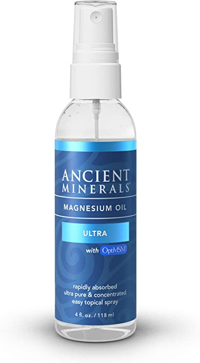 Ancient Minerals Magnesium Oil Ultra Spray with OptiMSM - Pure Genuine Zechstein Magnesium Chloride Supplement with MSM - Best Topical Skin Application for Dermal Absorption (4oz)