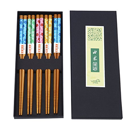 ZxU 5 Pair Natural Hard Bamboo Japanese Chopsticks Set with Gift Box (5 Colors Sakura)