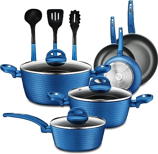 NutriChef Kitchenware Pots & Pans Stylish Cookware, Non-Stick Inside & Outside   Heat resistant Lacquer, Light Gray Inside and Blue Outside (12-Piece Set), One Size