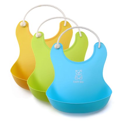 Lizber Waterproof Baby Bibs Food Catcher 3 PCS (Blue, Yellow, Green) Roll - up Deep Pocket Soft Adjustable neckband