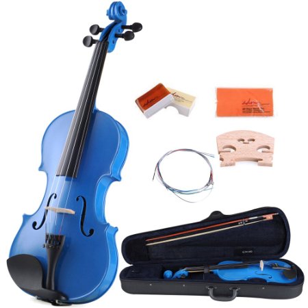 ADM 4/4 Full Size Handcrafted Solid Wood Student Acoustic Violin Starter Kit(with Violin Hard Case, Bow, Extra Strings, Rosin, Bridges, Polishing Cloth), Popular Violin Package for Beginners, Blue