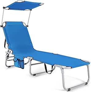 COSTWAY Beach Lounge Chair, Foldable Chaise Lounge with Canopy, Adjustable Backrest & Side Pocket, Tanning Chair for Seaside, Pool, Patio (Navy)