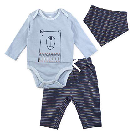 Baby Boy Clothing Set, 3-Piece with Long Sleeve Bodysuit, Pants & Bib