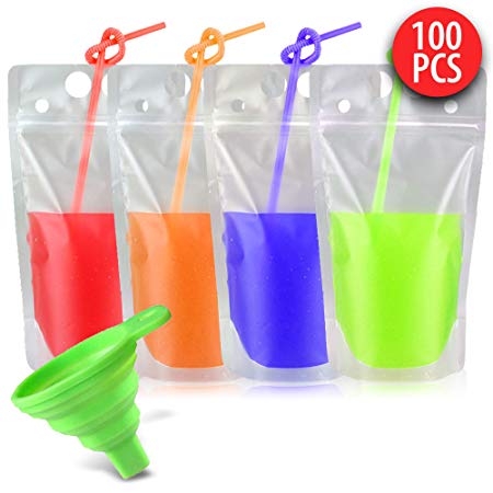 100 pcs Heavy Duty Zipper Clear Plastic Hand-held Drink Pouches Smoothie Bags with 100 Straws & Funnel Included Transparent, Frosted, Re-Sealable Stand Up Drinking Bags 2.4”Bottom Gusset, BPA Free