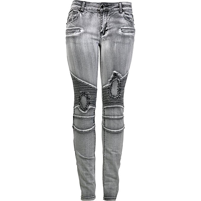 Bamboo - Women's Moto Cross Mended Patch Jeans - Grey