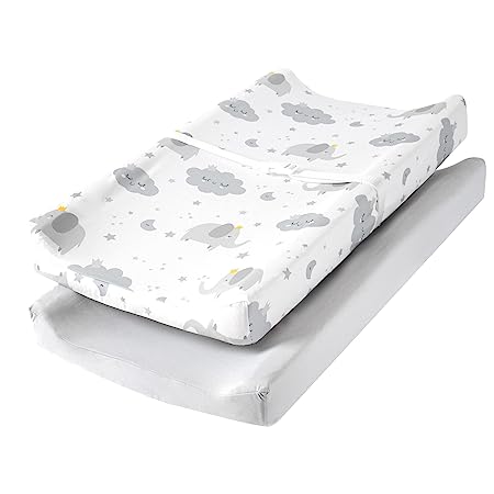 TILLYOU Changing Pad Cover Set, Jersey Knit Ultra Soft Unisex Diaper Change Table Sheets for Baby Boys Girls, Fit 32"/34''x16" Contoured Pad, Comfy Cozy 2-Pack Cradle Sheets, Elephant & Cloud, Grey