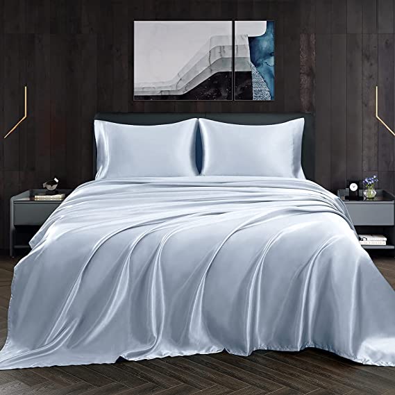 Homiest 4pcs Satin Sheets Set Luxury Silky Satin Bedding Set with Deep Pocket, 1 Fitted Sheet   1 Flat Sheet   2 Pillowcases (Full Size, Baby Blue)