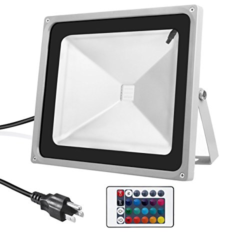 Warmoon Outdoor LED Flood Light, 50W RGB Color Changing Waterproof Security Lights with 3-Prong US Plug & Remote Control