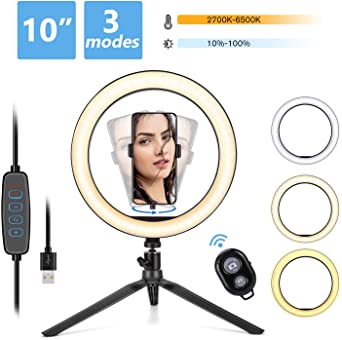 Ring Light, OUTAD 10.2" LED Selfie Ring Light with Tripod Stand & Phone Holder, Bluetooth Remote Shutter Desk Ring Light for iPhone/Android, 10 Brightness Level & 3 Light Modes, for Live Stream/Makeup