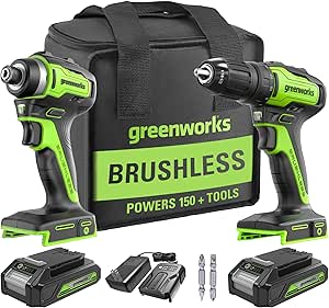 Greenworks 24V Brushless Cordless Drill and Impact Driver,Power Tool Combo Kit Included 1/2”Drill & 1/4”Hex Impact Driver and (2) Batteries, Fast Charger, 2 pcs Drill Bit Set & Bag