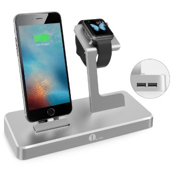 1byone Apple Watch Charging Stand 3-in-1 Charging Dock for iWatch iPad and iPhone with 2 USB Ports Apple MFi Certified Power Station in Aluminium Alloy Grey