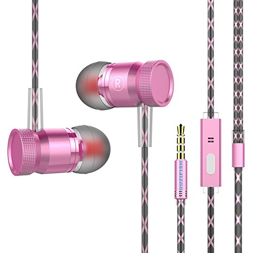 Earphones, OUZIFISH Wired Earbuds 3.5mm In-Ear Headphones Mic Noise Cancelling Stereo Rose Red