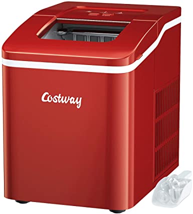 COSTWAY Ice Maker for Countertop, Bullet Ice Cubes Ready in 8 Mins, 26LBS/24H portable Ice Machine with Self-cleaning Function, Scoop and Removable Basket for Home, Office, Party and Bar (Red)