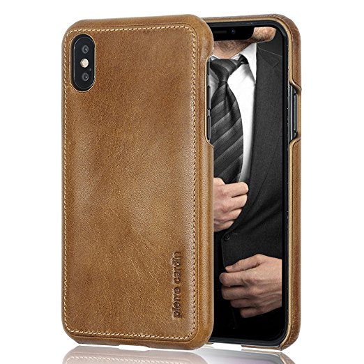 iPhone X Leather Case, iPhone 10 Case Pierre Cardin Genuine Cowhide Protective Hard Back Cover for iPhone X (Brown)