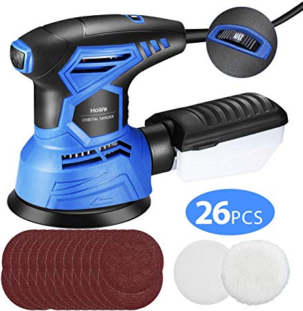 TOPELEK Random Orbit Sander, 7 Variable Speed, 2.5A/13000RPM 5-Inch Hook and Loop Orbital Sander, 24Pcs Sandpapers and 2 Polisher Accessories Kit, Efficient Dust Collection System for DIY - Blue