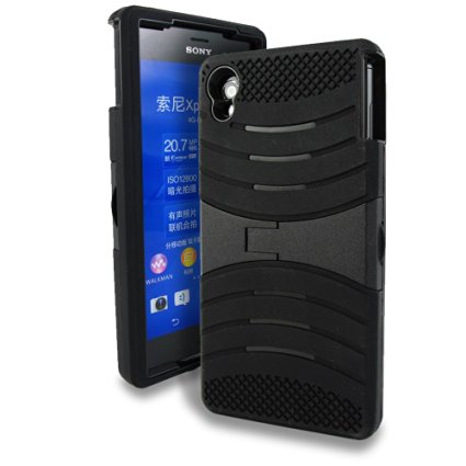 Sony Xperia Z3v (Verizon) Case, Kaleidio [Exo Stretch] Dual Layer Hard Shell / Gel Skin Hybrid Cover w/ Kickstand [Includes a Overbrawn Prying Tool & Stylux Stylus] [Black/Black]