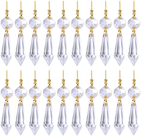 BronaGrand 20 Pieces Replacement Clear Chandelier Icicle Crystal Prisms Octogan Crystal Bead for Lamp Decoration,38mm,Gold Bow Tie Connectors