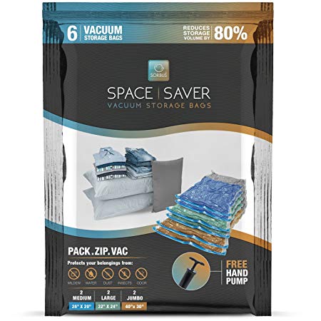 Sorbus Vacuum Storage Bags [6 Pack - Combo Pack] Reusable Space Saver Clothes Compression Bags for Home, Travel and College, Pump Included (Combo Pack)