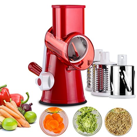 Pasutewel Vegetable Mandoline Slicer, 3 Stainless Steel Drum Blades With Strong-Hold Suction Base Fruit Cheese Carrot Potato Cutter Chopper Shredder (red)