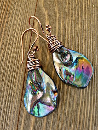 Abalone, mother of pearl, shell, copper wire wrapped drop earrings. Boho, Bohemian. Handmade jewelry, jewellery. Fashion and Accessories.