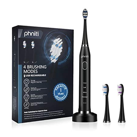 Sonic Electric Toothbrush for Adults with Wireless Charging Base,2 Replacement Brush Heads by Phniti,Black