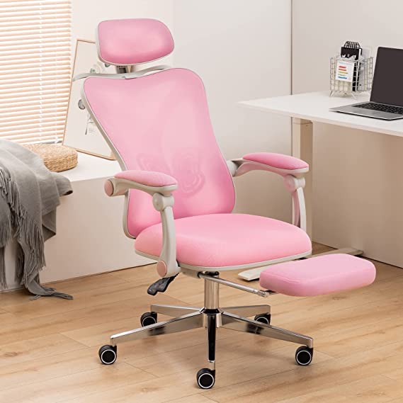 GGN Computer Desk Chair, Reclining Office Chair with Foot Rest, Adjustable Lumbar & Headrest, Adults Rolling Task Chair (Pink)