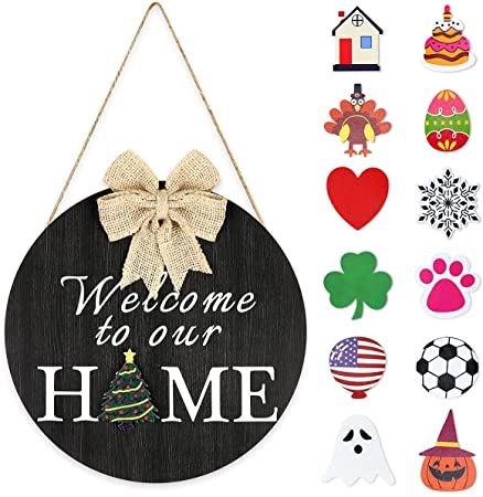 LadyRosian Welcome Sign for Front Door, Front Porch Decor Farmhouse with 13 Pcs Holiday Interchangeable Icons, Housewarming Gift for Home Outdoor Indoor (Black)