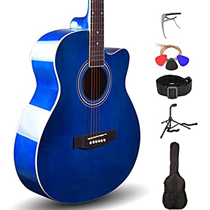 Kadence Guitar Frontier Series, Blue Acoustic Guitar with Die Cast Keys, Set of Strings, Strap, Picks, Guitar stand, Capo and Bag, Super Combo (Blue, Acoustic)