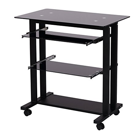 HomCom 33" Glass Top Mobile Home Office Computer Cart Desk - Black