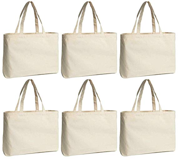 Jillmo Canvas Bags Bulk, 12oz Reusable Cotton Grocery Bags for Shopping and Crafting, 6 Pack