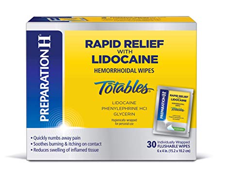 PREPARATION H Rapid Relief with Lidocaine Hemorrhoid Symptom Treatment Flushable Wipes, Numbing Relief for Pain, Burning & Itching, Reduces Swelling, 30 Count Box