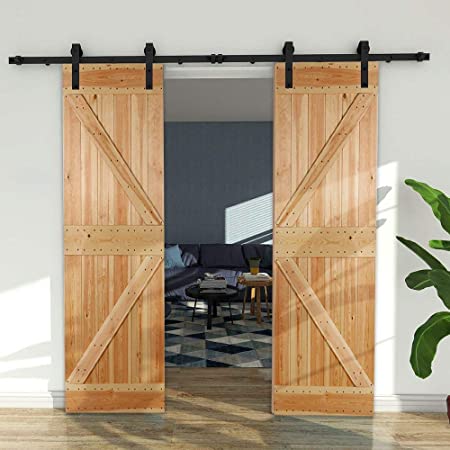 CCJH 7FT Sliding Barn Door Hardware Kit, Heavy Duty, Smoothly and Quietly, Easy to Install, Fit 21" Thickness Double Door Panel, Basic Style Black
