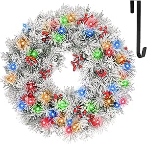 Hykolity 24 in. Snow Flocked Artificial Christmas Wreath with 50 Multicolor LED Lights, 141 Tips, Pre-lit Frosted Wintry Pine Wreath with Timer & Hanger, Pine Cones, Berry Clusters, Battery Operated