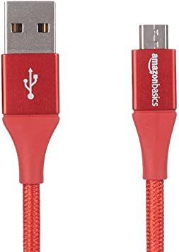 AmazonBasics Double Braided Nylon USB 2.0 A to Micro B Charger Cable | 1 Foot, Red