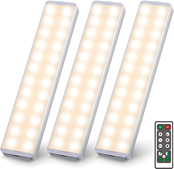 LED Closet Light, 24 LED Motion Sensor Under Cabinet Wireless Lights with Remote, Rechargeable Battery Operated Safe Night Lights Bar Stick-on Anywhere for Stairs Kitchen Wardrobe (3 Packs)