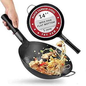 Restaurantware-Motomori 14 Inch Pre-Seasoned Carbon Steel Wok, 1 Traditional Japanese Wok - Round Bottom, Wooden Handle, Black Carbon Steel Traditional Stir Fry Pan, With Helper Handle