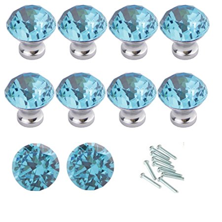 HOSL 10PCS Lake Blue Diamond Shape Crystal Glass Cabinet Knob Cupboard Drawer Pull Handle/Great for Cupboard, Kitchen and Bathroom Cabinets, Shutters, etc (30MM)