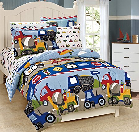 Mk Collection 7 Pc full Size Kids Teens boys Comforter and Sheet Set Blue Red Yellow Trucks Tractors Cars New Full Size