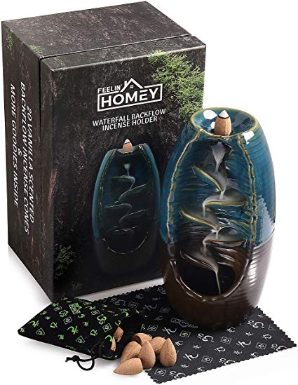 Feelin' Homey Ceramic Waterfall Backflow Incense Holder   Gift Sack with 20 Natural Vanilla Backflow Incense Cones | Perfect for Relaxation, Meditation, Yoga and as a Holiday Present