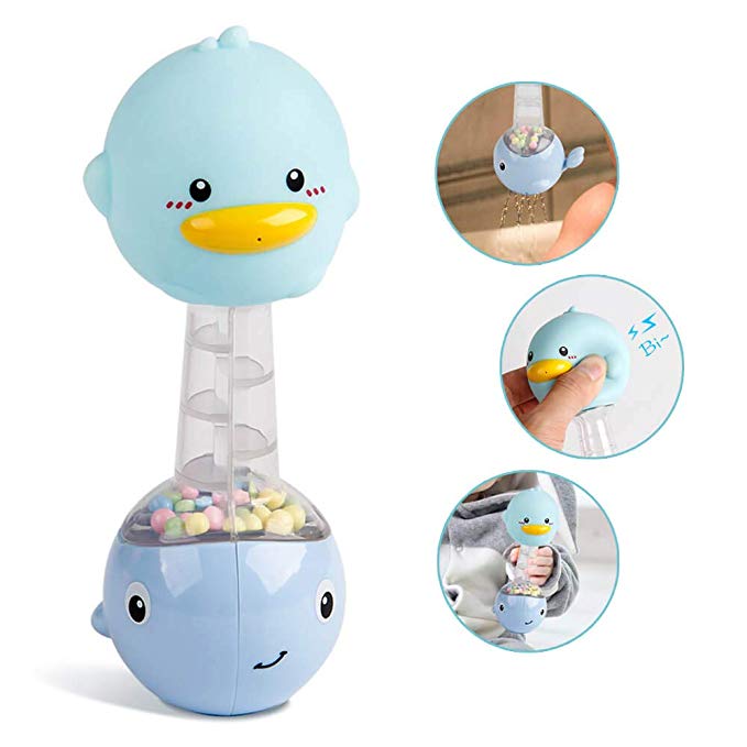 Mini Tudou Baby Bath Toys Boys, Squirt Rubber Duck, Hand Shaker Rattle 2 in 1 Development Bathtub Toy for Newborn Toddlers (Blue)