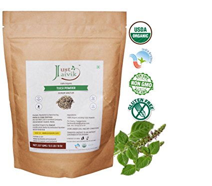 Just Jaivik 100% Organic Tulsi Powder Holy Basil Powder- Ocimum Sanctum- 0.5 LB / 227 g 1/2 Pound- USDA Organic Certified - An Ayurvedic Adaptogen